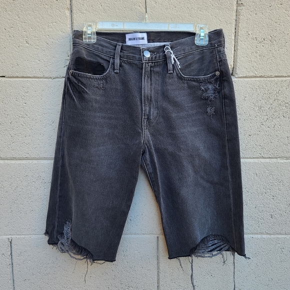 Imaan x Frame | Distressed Knee Length Bermuda Cut Off Gray Denim Shorts Size 24 - Picture 2 of 13